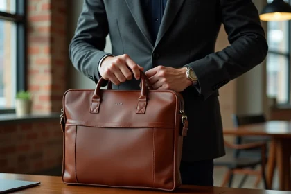 Homme en blazer déposant une sacoche cuir cognac pour ordinateur portable sur un bureau en chêne dans un bureau moderne
