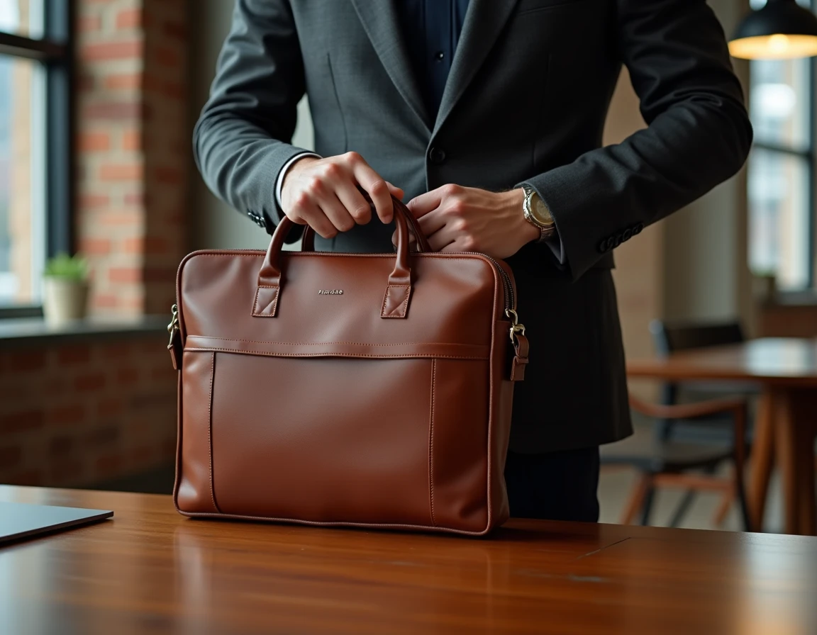 Homme en blazer déposant une sacoche cuir cognac pour ordinateur portable sur un bureau en chêne dans un bureau moderne