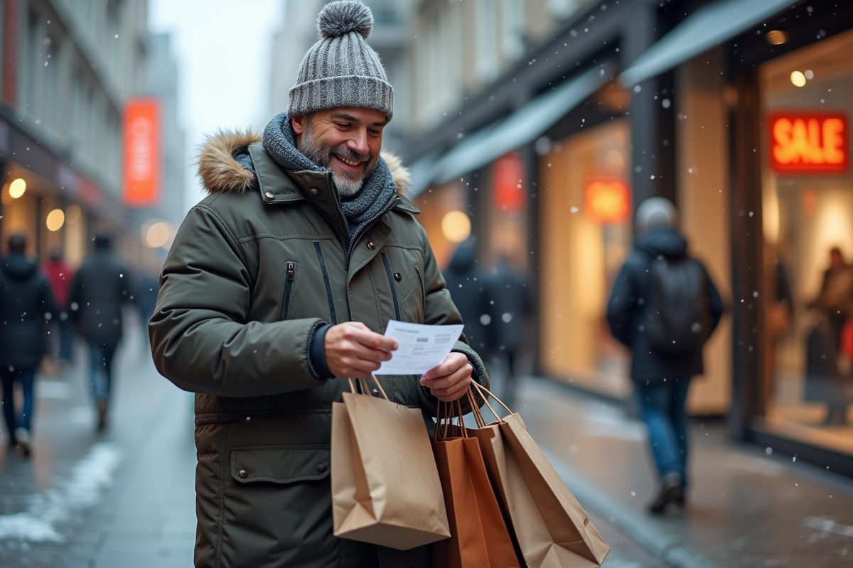 Homme souriant avec sacs de shopping devant centre commercial