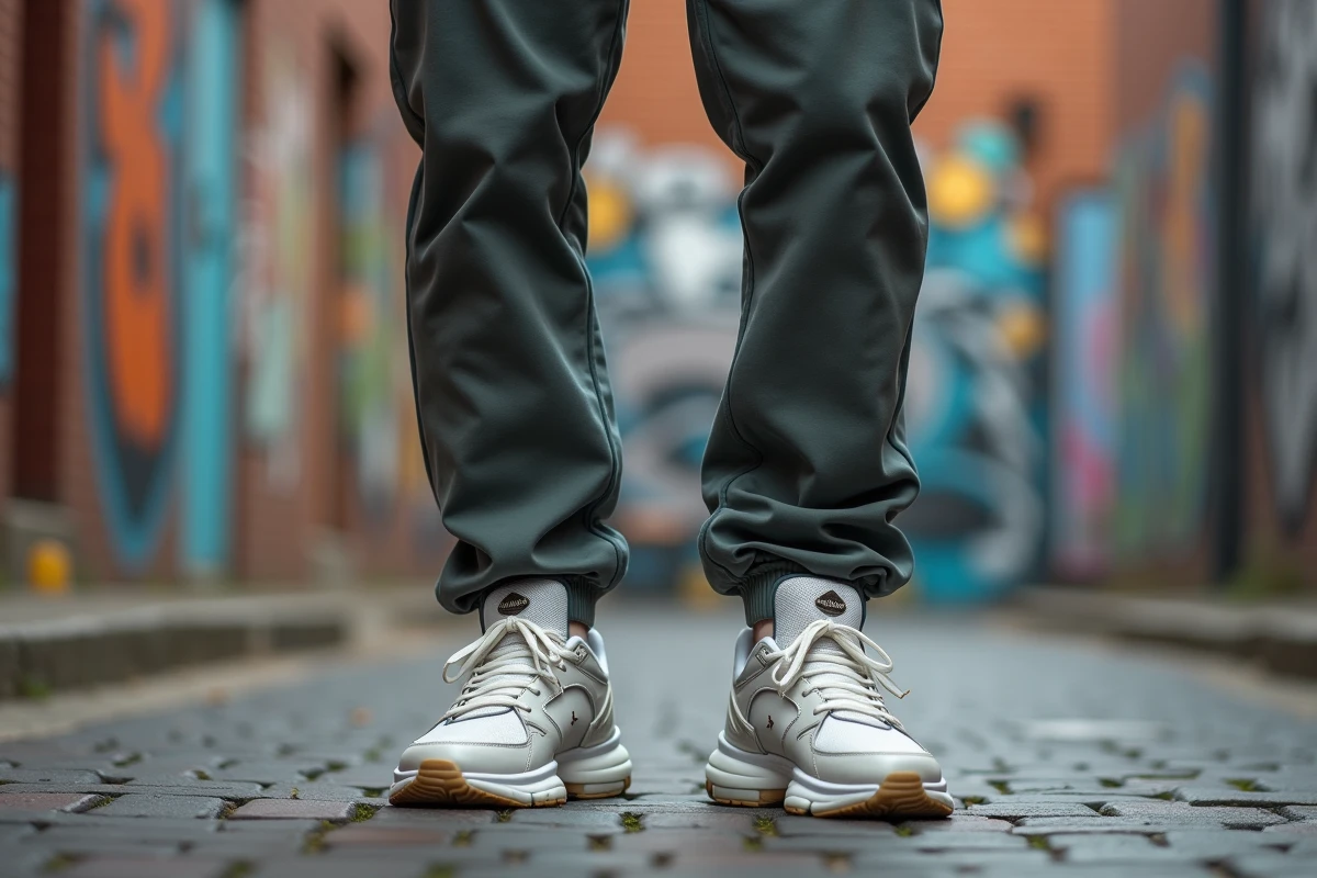 Jeune homme portant des sneakers rares en édition collector dans une rue pavée d'un quartier streetwear urbain
