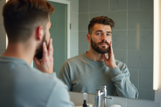Homme en miroir examinant sa barbe de 10 jours