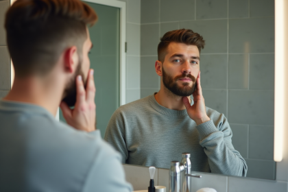 Homme en miroir examinant sa barbe de 10 jours