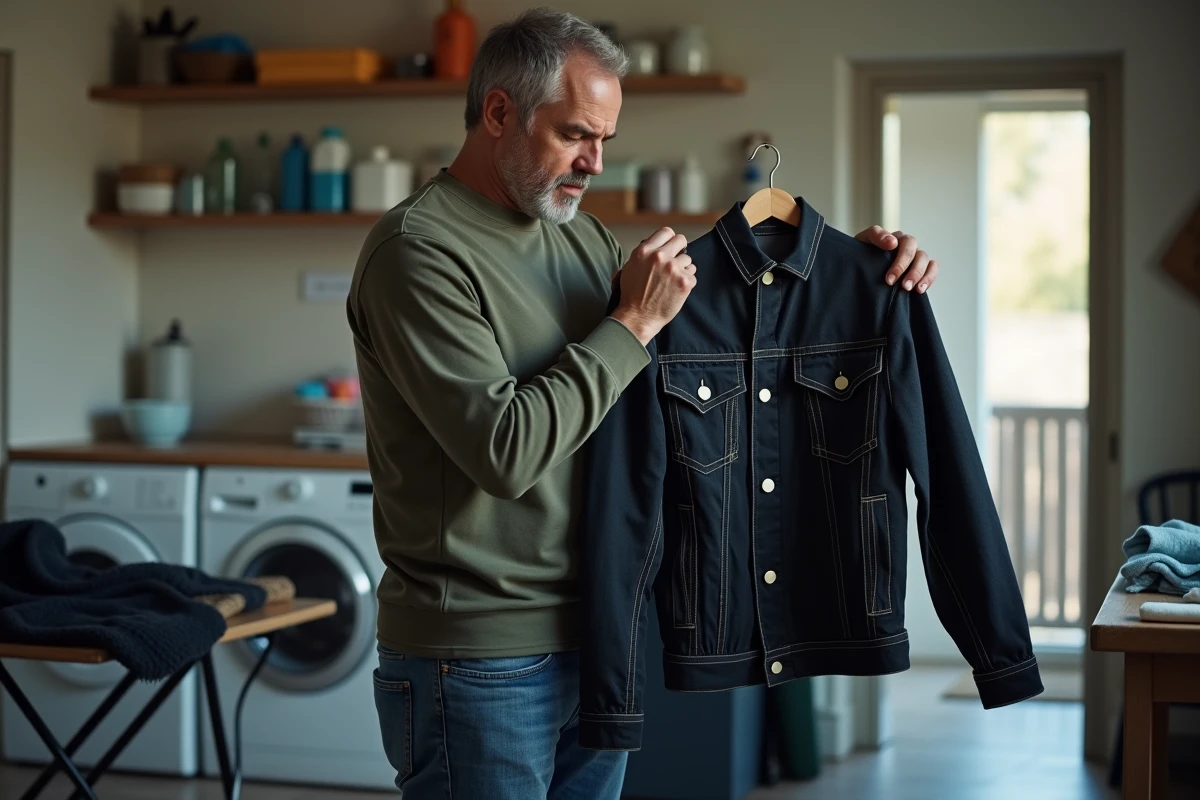 Homme triant du linge fonc&eacute; avec une veste en jean tach&eacute;e