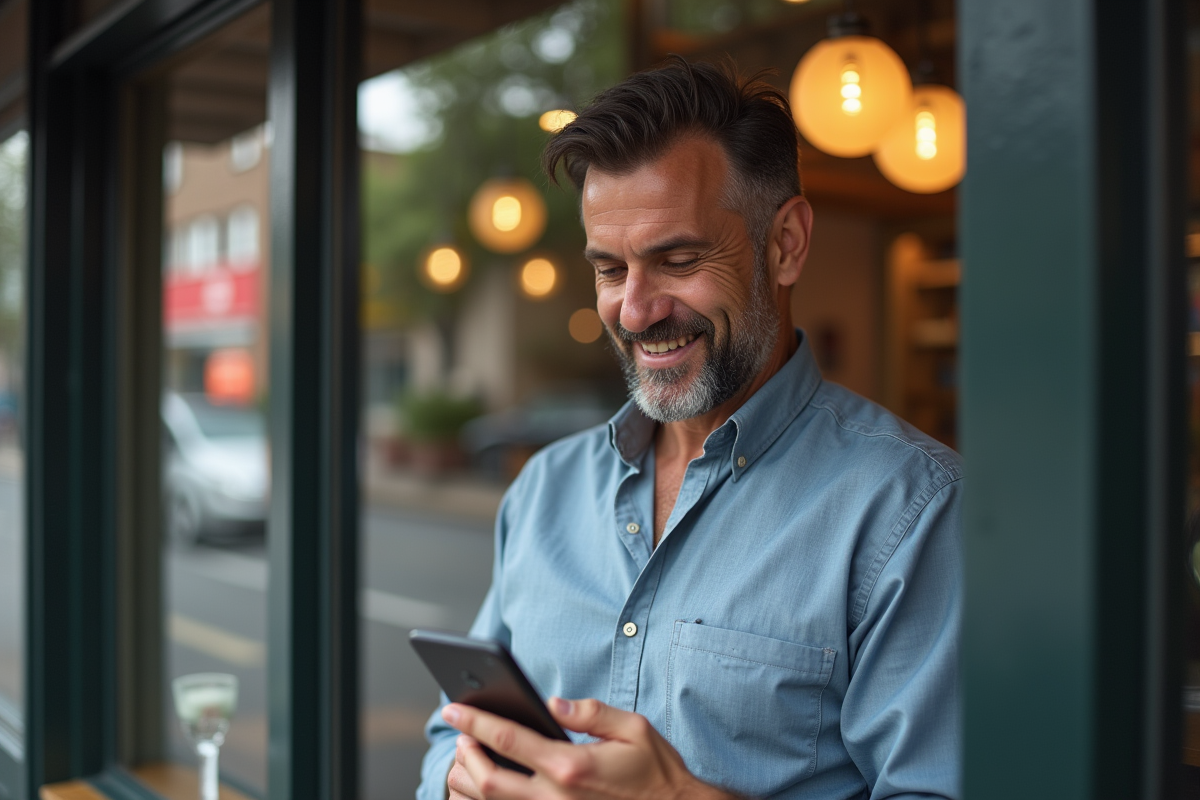 Homme regardant sa coiffure dans une vitrine de café en ville
