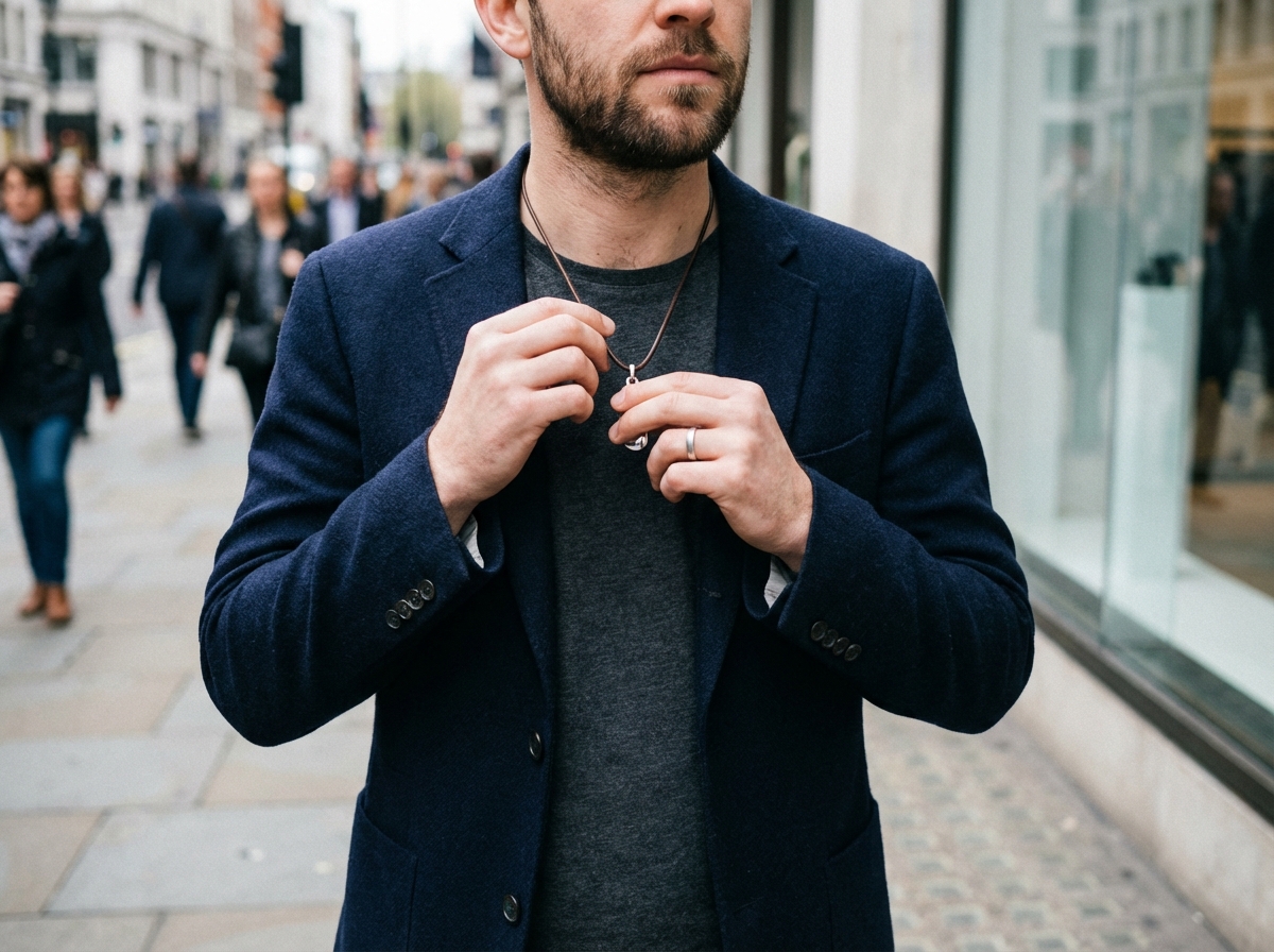 Homme ajustant un collier dans une rue urbaine anim&eacute;e