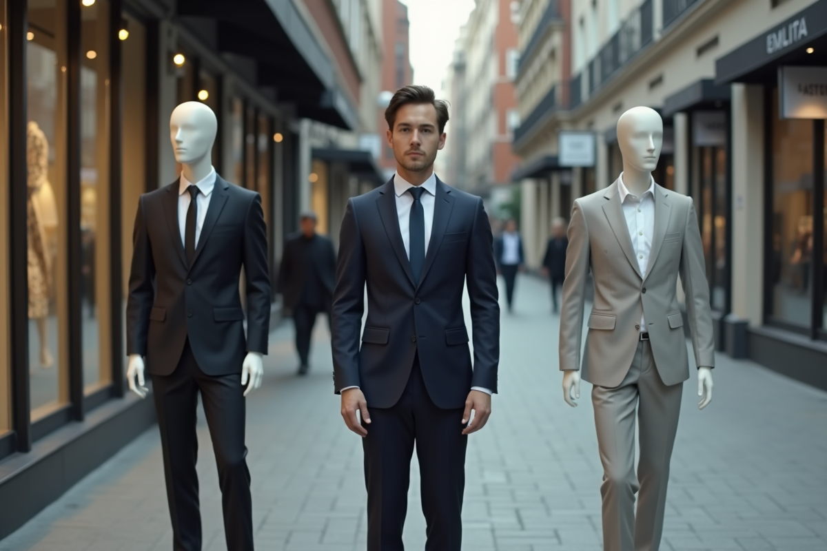 Jeune homme en costume avec mannequins en ville
