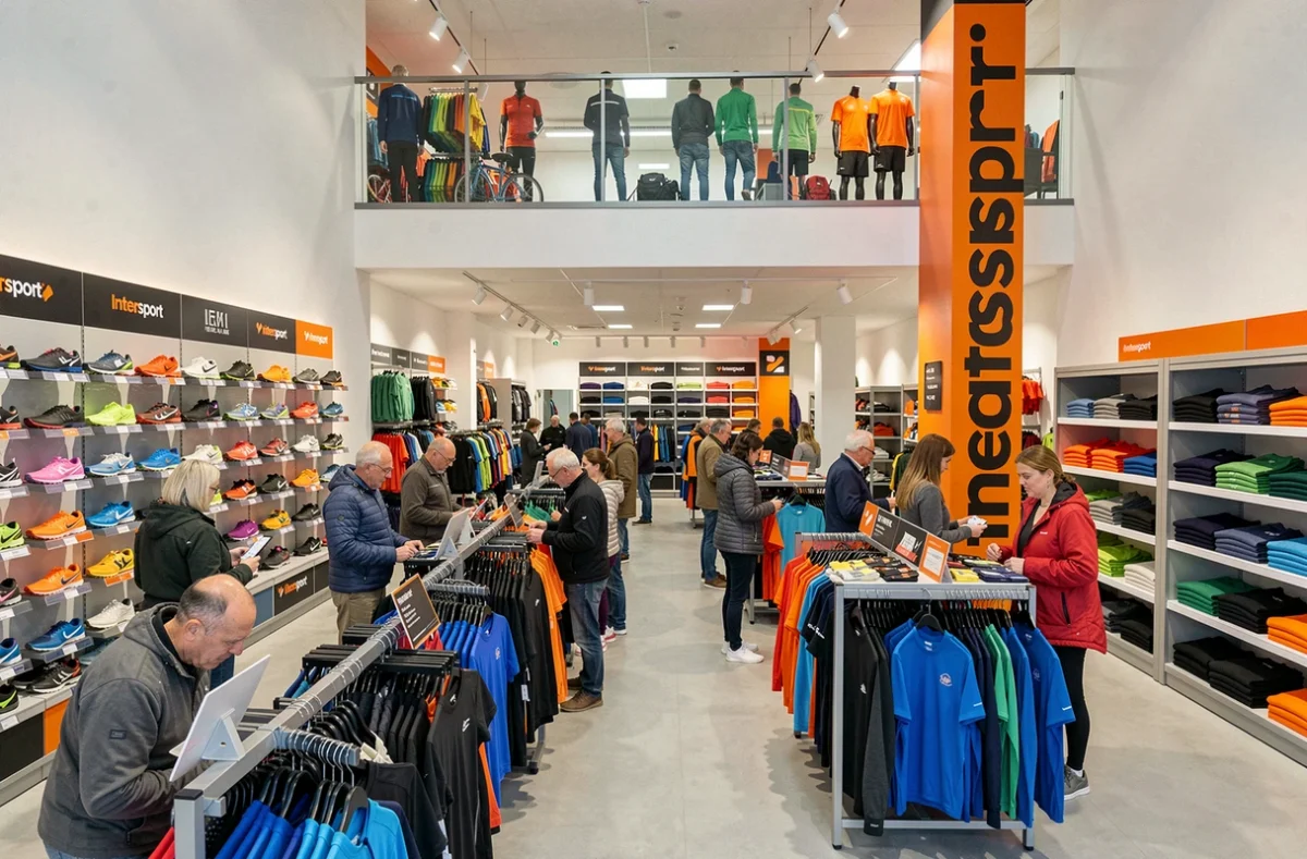 Vue grand angle de l'Intersport Brest en centre-ville avec des clients qui parcourent les rayons de chaussures de sport et de vêtements techniques