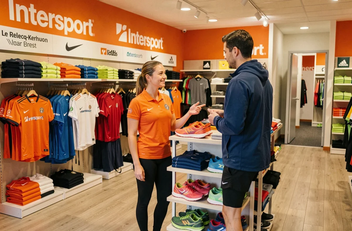 Intérieur de l'Intersport Brest Le Relecq-Kerhuon avec une vendeuse en polo orange assistant un client devant un présentoir de chaussures de running