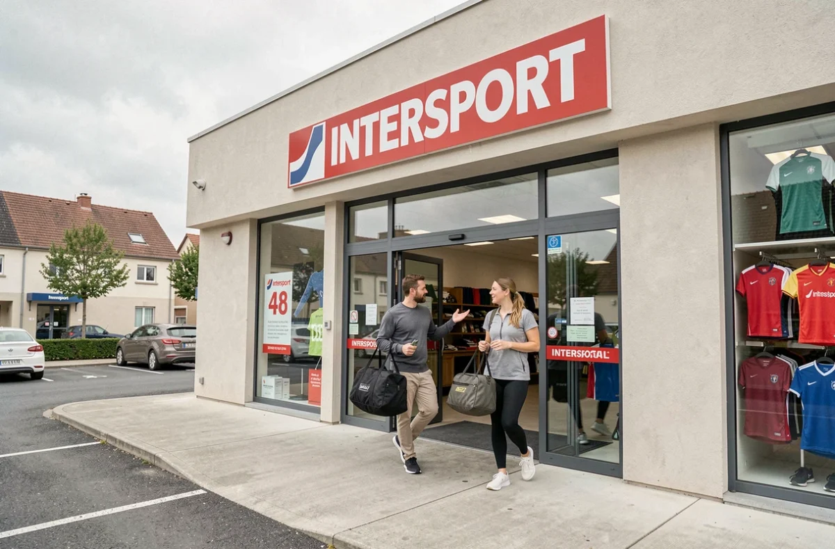 Façade extérieure du magasin Intersport Cesson Bois Sénart dans une zone commerciale avec des clients sortant du magasin