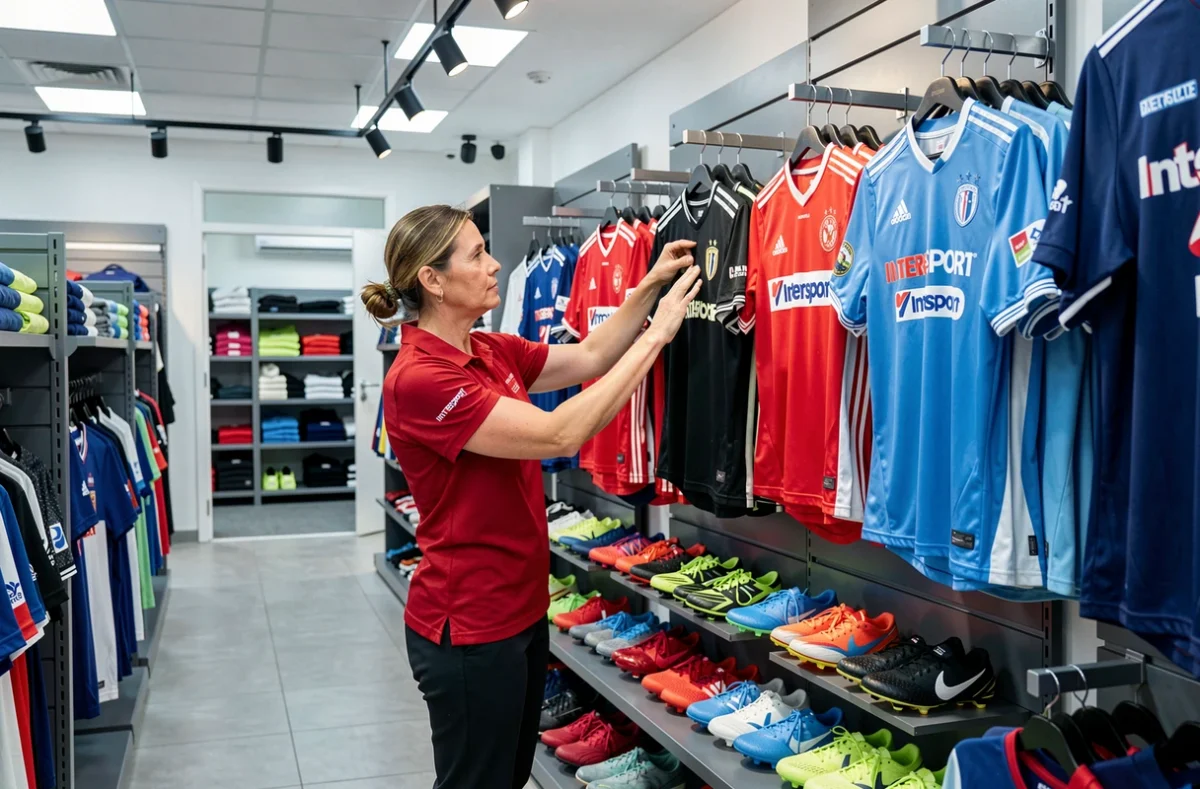 Responsable du magasin Intersport Mareuil-lès-Meaux arrangeant un rayon de maillots de sport dans le nord de la Seine-et-Marne
