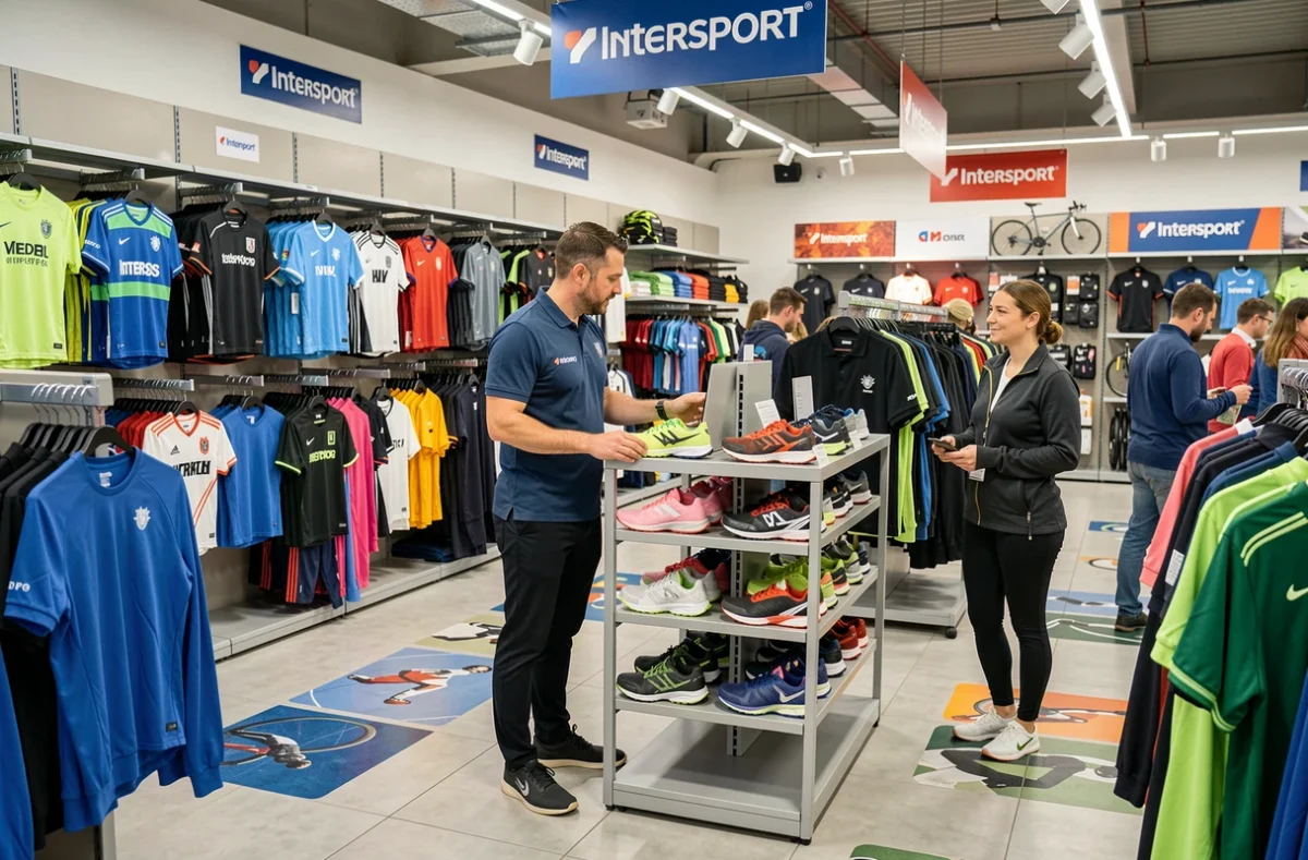 Intérieur du magasin Intersport Montévrain au Clos du Chêne avec des rayons de vêtements de sport et un vendeur conseillant un client