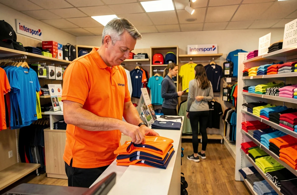 Intérieur de l'Intersport Vitré avec un employé en polo orange pliant des t-shirts sportifs pendant qu'un couple fait ses achats en arrière-plan