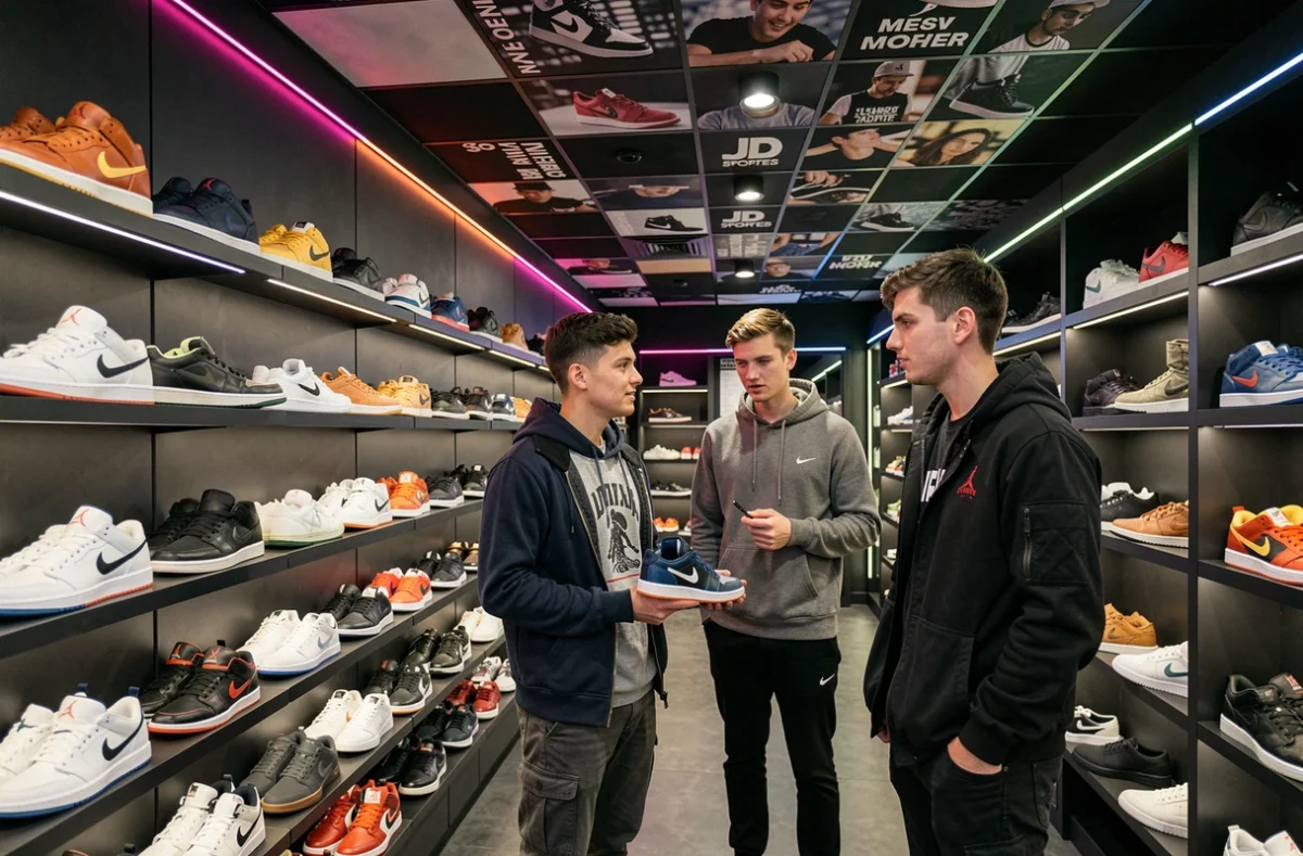 Deux jeunes clients explorant le rayon sneakers Jordan chez JD Sports à Lille