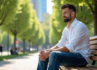 Pourquoi le denim brut reste un incontournable du dressing masculin Homme en jeans brut dans un parc urbain ensoleille