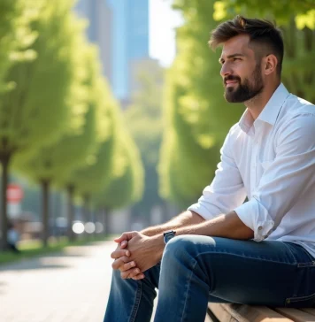 Pourquoi le denim brut reste un incontournable du dressing masculin Homme en jeans brut dans un parc urbain ensoleille