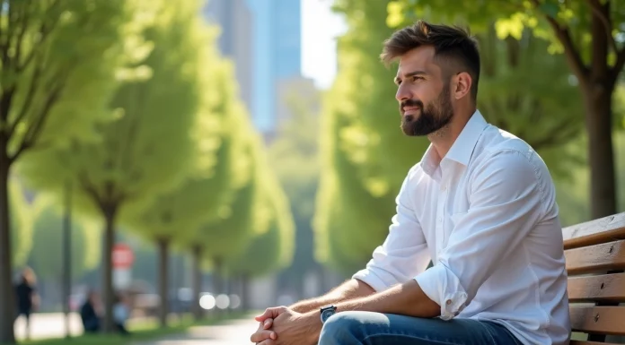 Homme en jeans brut dans un parc urbain ensoleille