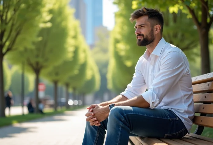 jeans-denim-homme-parc Homme en jeans brut dans un parc urbain ensoleille