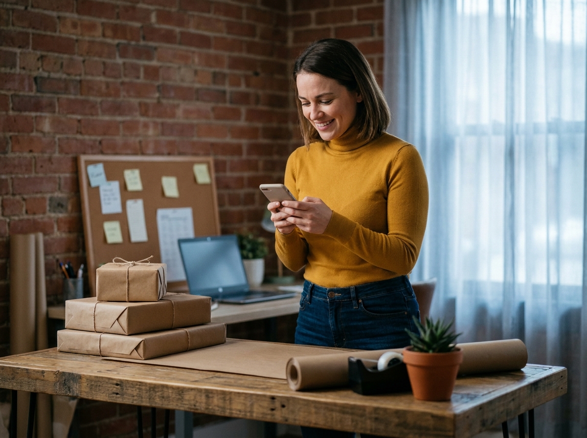 Jeune femme finalisant un achat express en ligne sur smartphone dans un bureau à domicile avec des cadeaux emballés sur le bureau