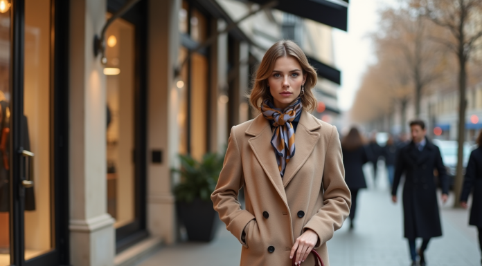 Jeune femme élégante devant une boutique de luxe en ville