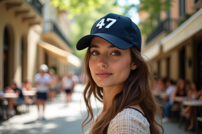 Jeune femme en ville portant casquette 47