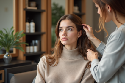 Jeune femme regardant son reflet dans un salon de coiffure moderne