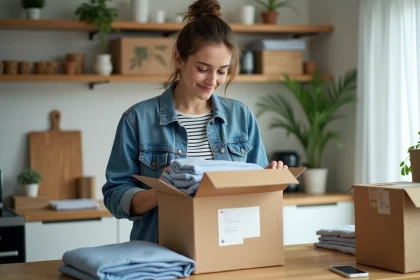 Jeune femme emballant des vêtements dans une boîte recyclée