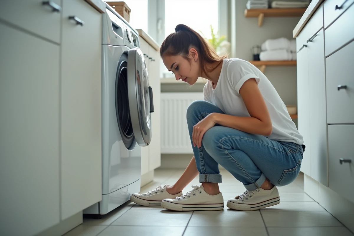 Jeune femme place des sneakers dans une machine à laver