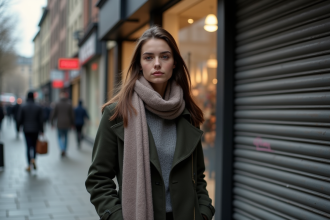 Jeune femme élégante devant boutique fermée en hiver