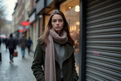 Jeune femme élégante devant boutique fermée en hiver
