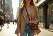 Jeune femme élégante portant sac bandoulière tendance en ville