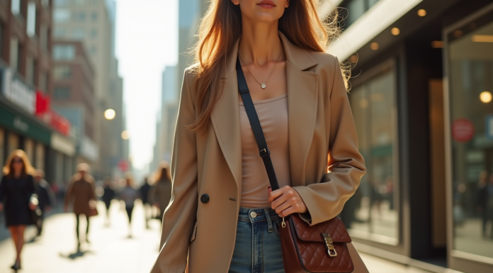 Jeune femme élégante portant sac bandoulière tendance en ville