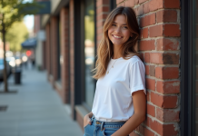 Tendance mode : jeans années 90 à adopter ? Décryptage fashion Jeune femme en denim 90s style contre un mur de briques