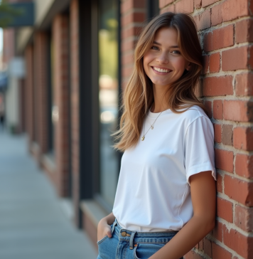 Jeune femme en denim 90s style contre un mur de briques