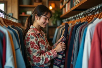 Jeune femme vintage dans une friperie colorée