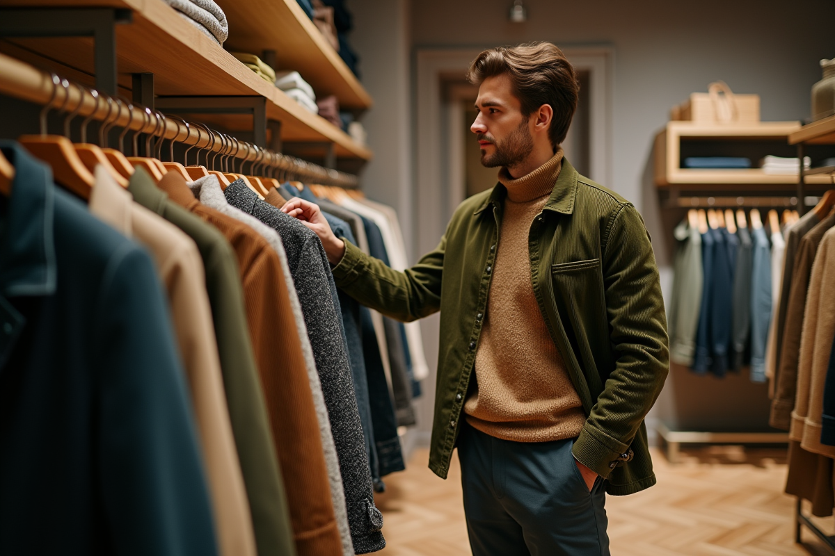Jeune homme dans une boutique en train de choisir un foulard