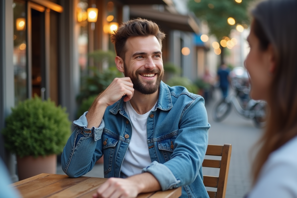 Jeune homme au café en ville avec barbe de 10 jours