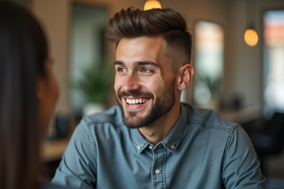 Jeune homme souriant dans un salon de coiffure moderne