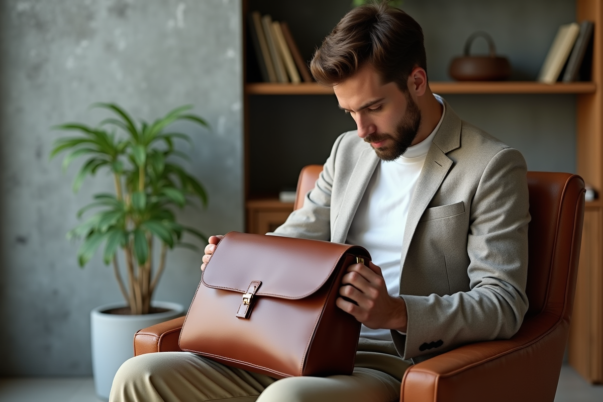 Jeune homme avec sac en cuir dans intérieur moderne