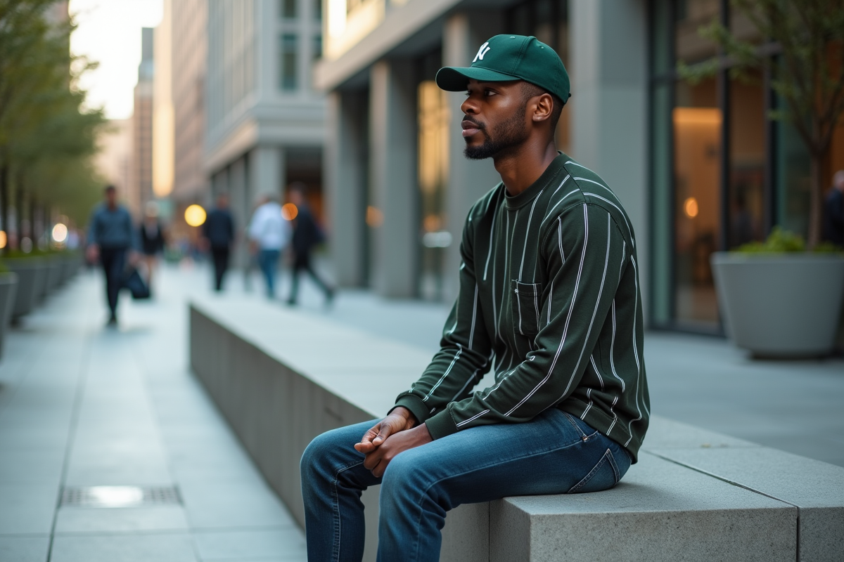 Jeune homme assis dans une place urbaine moderne