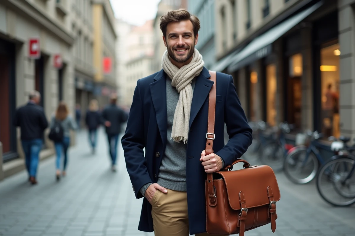 Jeune homme avec sac en cuir dans une rue urbaine
