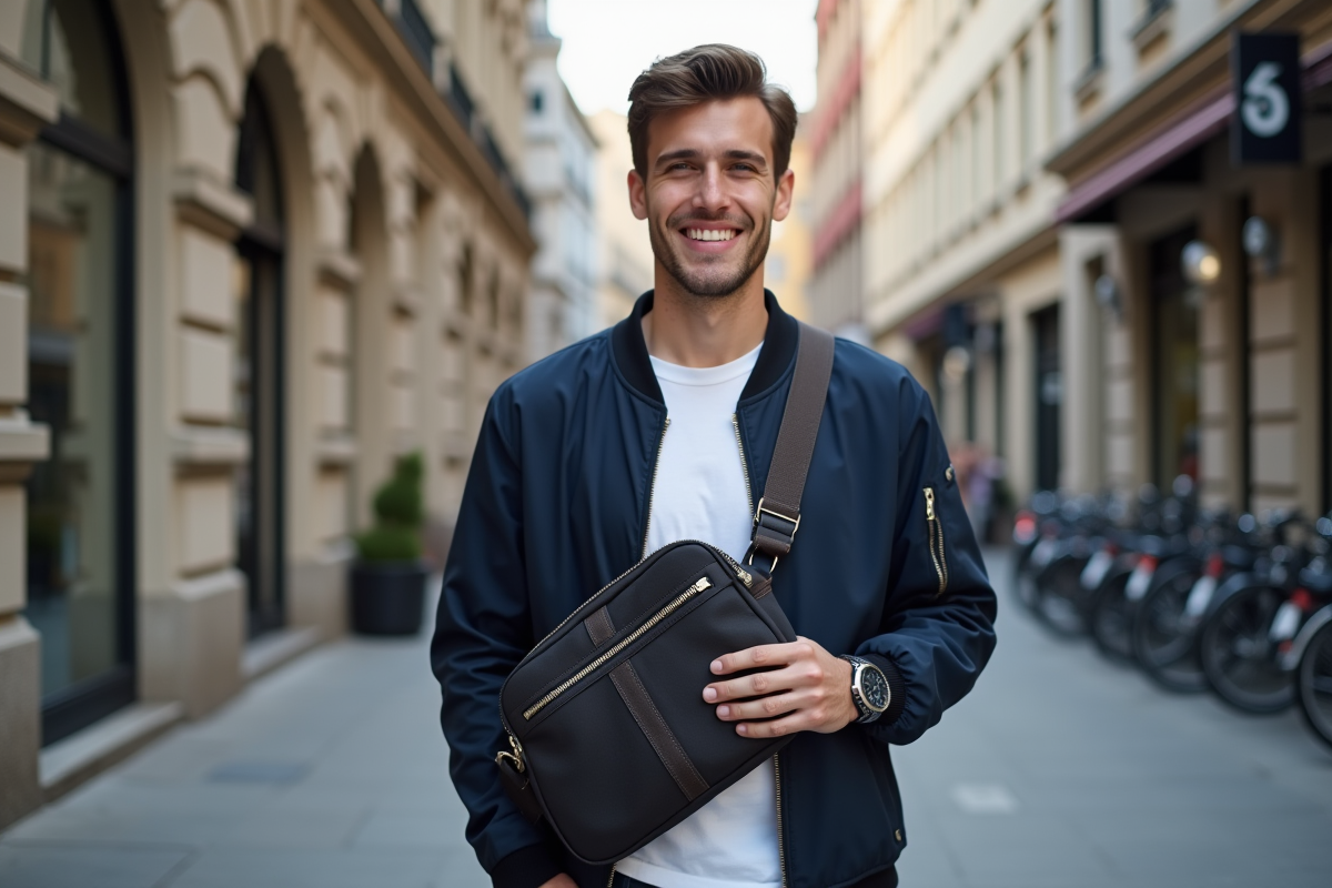 Jeune homme ajuste un sac à bandoulière en ville