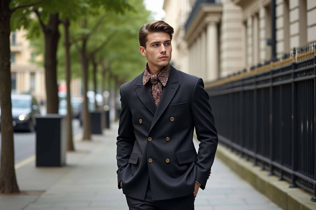 Jeune homme en costume avec foulard dans une rue urbaine