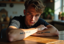 Jeune homme avec tatouage de phrase sur l'avant bras