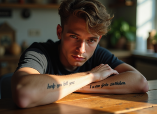 Tatouages de phrases pour homme : les tendances essentielles de l’année Jeune homme avec tatouage de phrase sur l'avant bras