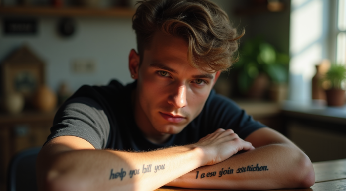 Jeune homme avec tatouage de phrase sur l'avant bras