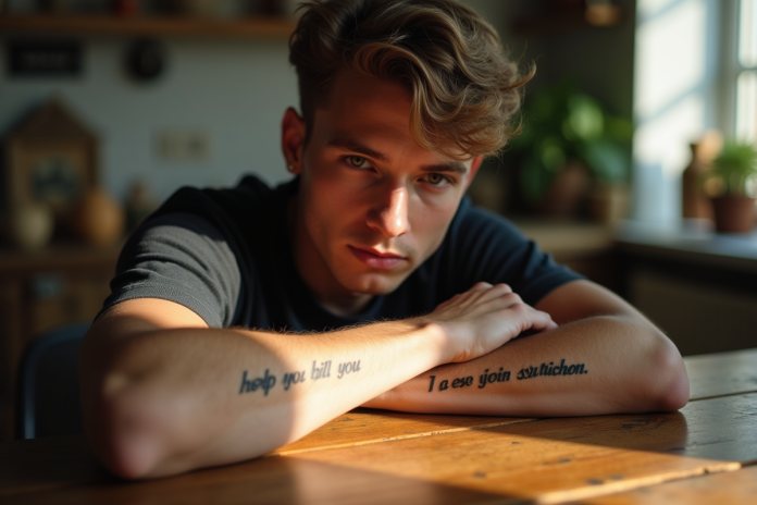 Jeune homme avec tatouage de phrase sur l'avant bras