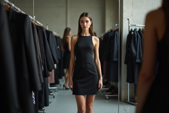 Jeune femme confiante en robe noire en coulisses d'un défilé