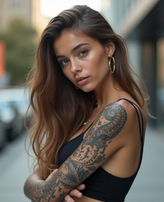 Jeune mannequin mode avec tatouages maori en ville