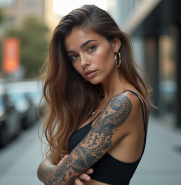Jeune mannequin mode avec tatouages maori en ville