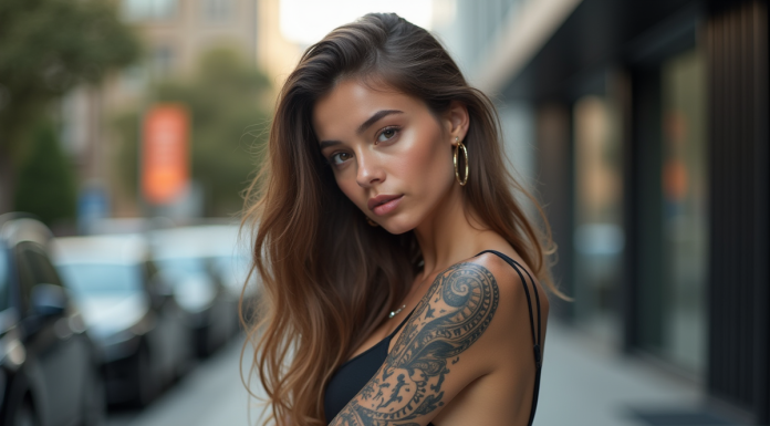 Jeune mannequin mode avec tatouages maori en ville